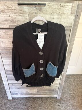 Black Chunky Knit Cardigan with Denim Patch Pockets